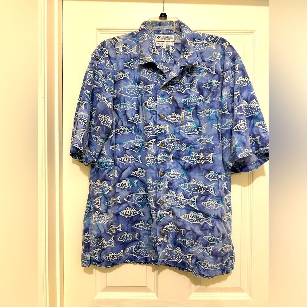 Columbia mens Button Up Short Sleeve Fish Print Cotton Shirt Size L